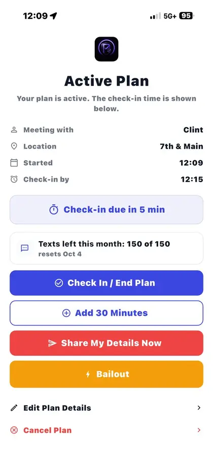 PingThree app, an active plan screen