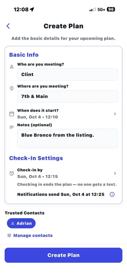 PingThree app, create a plan screen